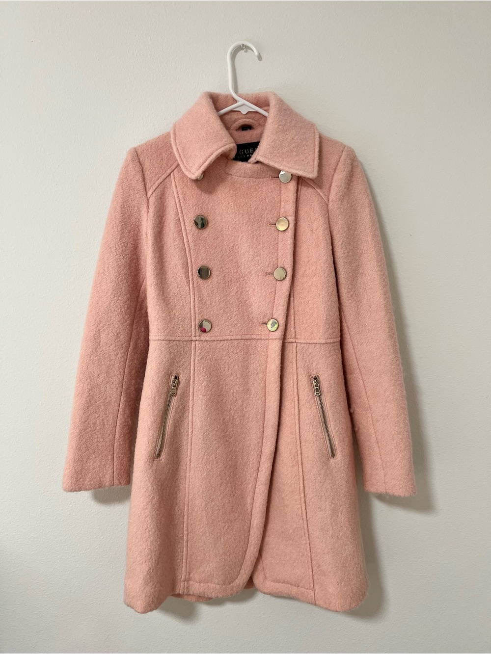 Guess Blush Pink Wool Blend Coat Double Breasted Gold Buttons Size XS